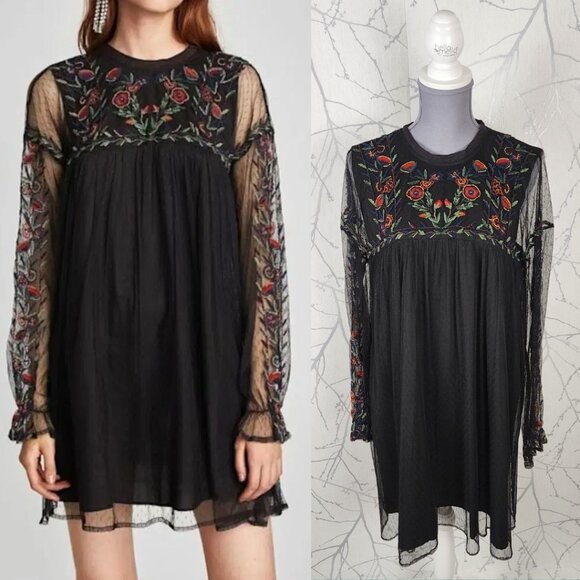 Zara Trafaluc Black Floral Embroidered Mesh Overlay Dress - Picture 1 of 10
